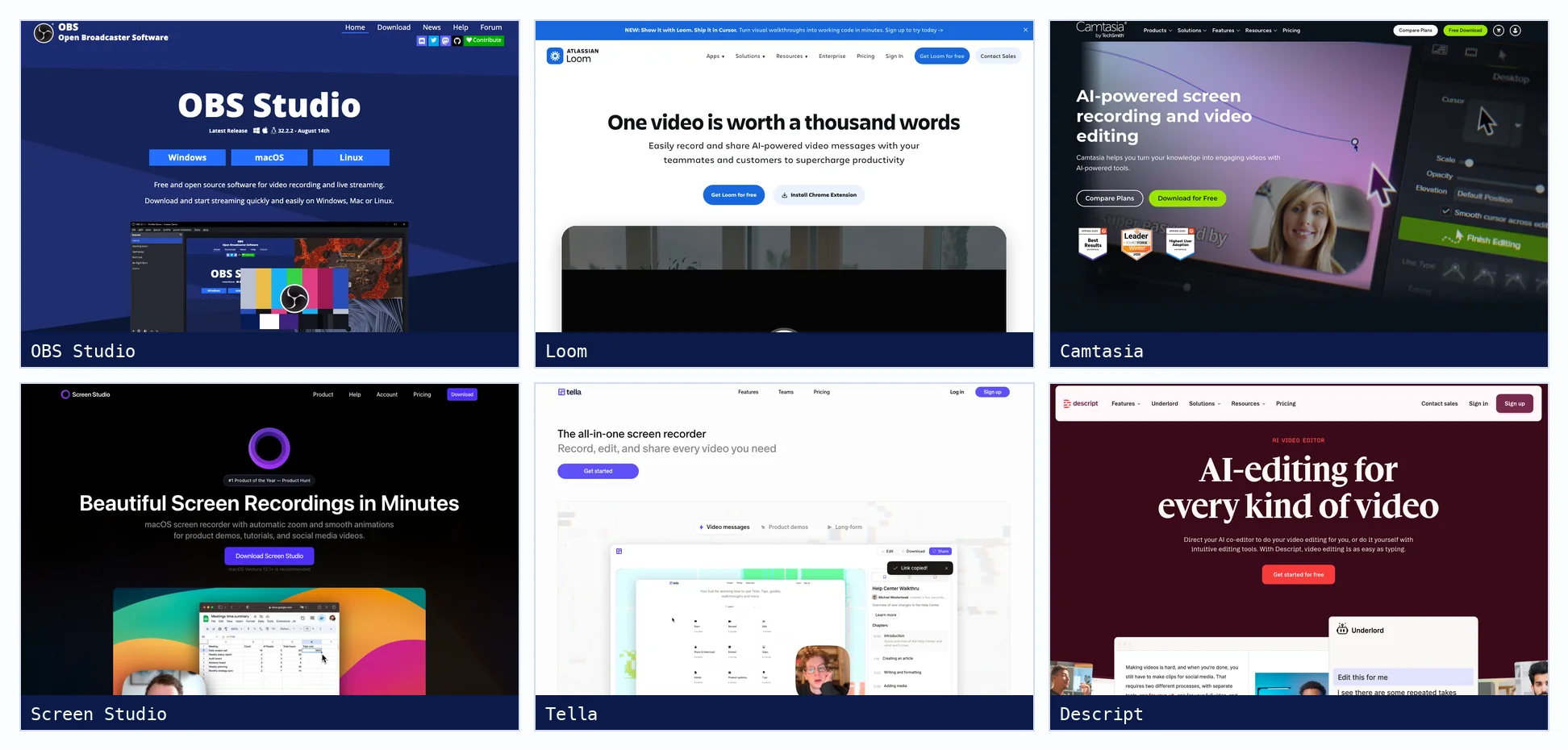 Homepages of six screen recorders: OBS Studio, Loom, Camtasia, Screen Studio, Tella and Descript