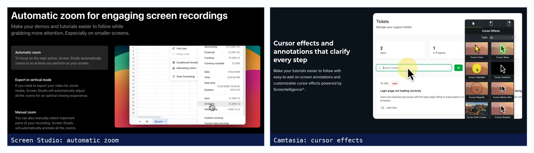 Screen Studio's automatic zoom feature section next to Camtasia's cursor effects panel with highlight, magnify and motion blur options