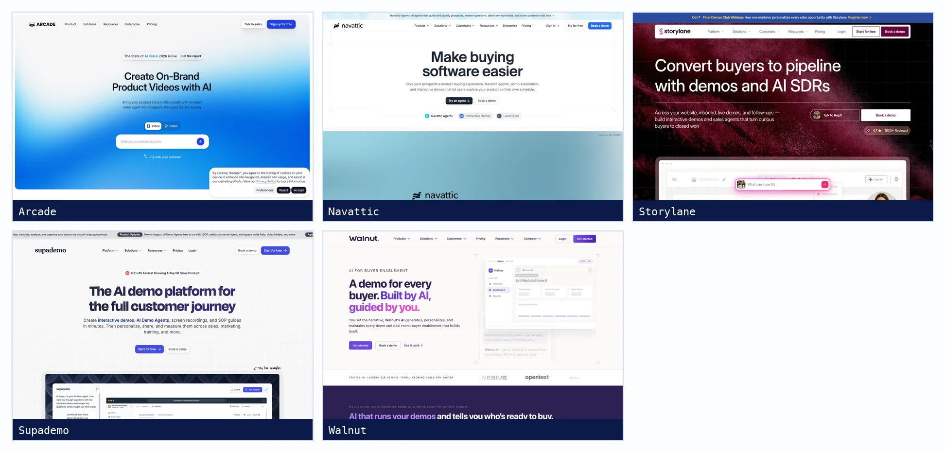 Homepages of Arcade, Navattic, Storylane, Supademo and Walnut