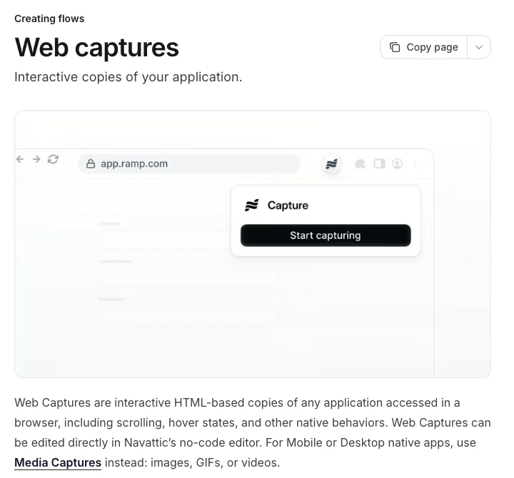 Navattic documentation page on web captures, explaining that they are interactive HTML-based copies of an application in a browser and that native desktop or mobile apps need media captures instead