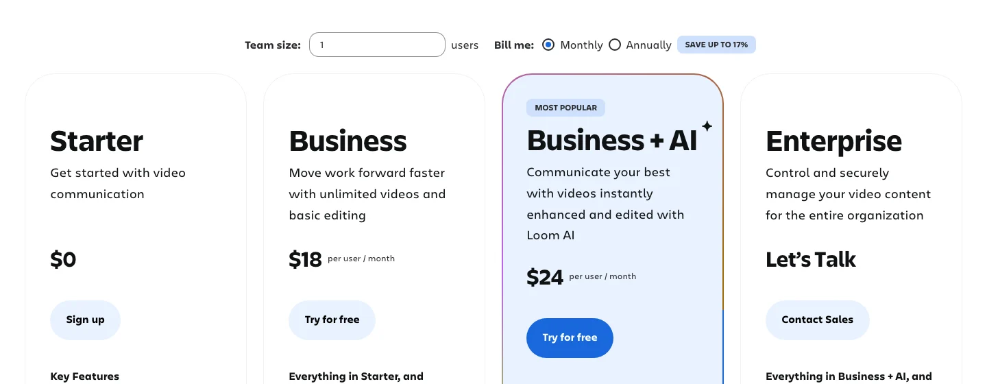 Loom pricing page with monthly billing for one user: Starter $0, Business $18 per user per month, Business + AI $24 per user per month, Enterprise contact sales