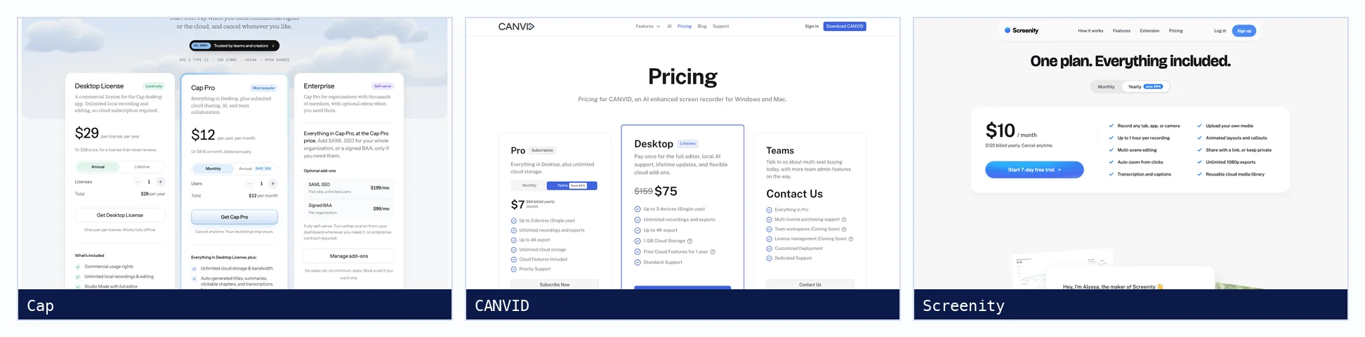 Pricing pages of Cap, CANVID and Screenity as shown on 3 October 2026