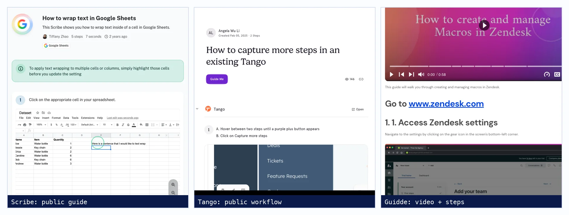 Three public how-to guides side by side: a Scribe guide for wrapping text in Google Sheets, a Tango workflow with a Guide Me button, and a Guidde page with a video player above the written steps